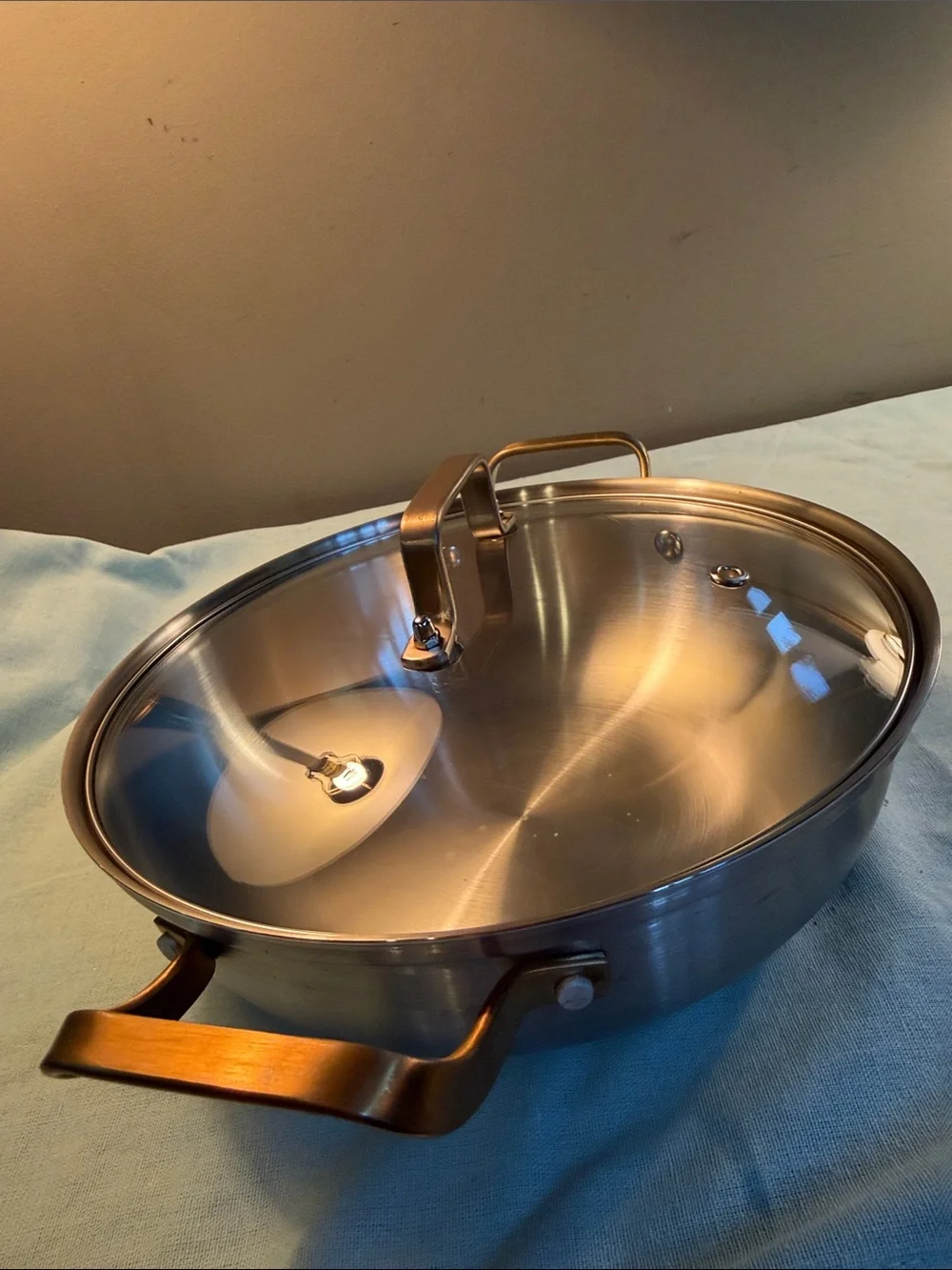 DELARLO Stainless Steel Covered Serving Pan with Gold-Tone Handles
